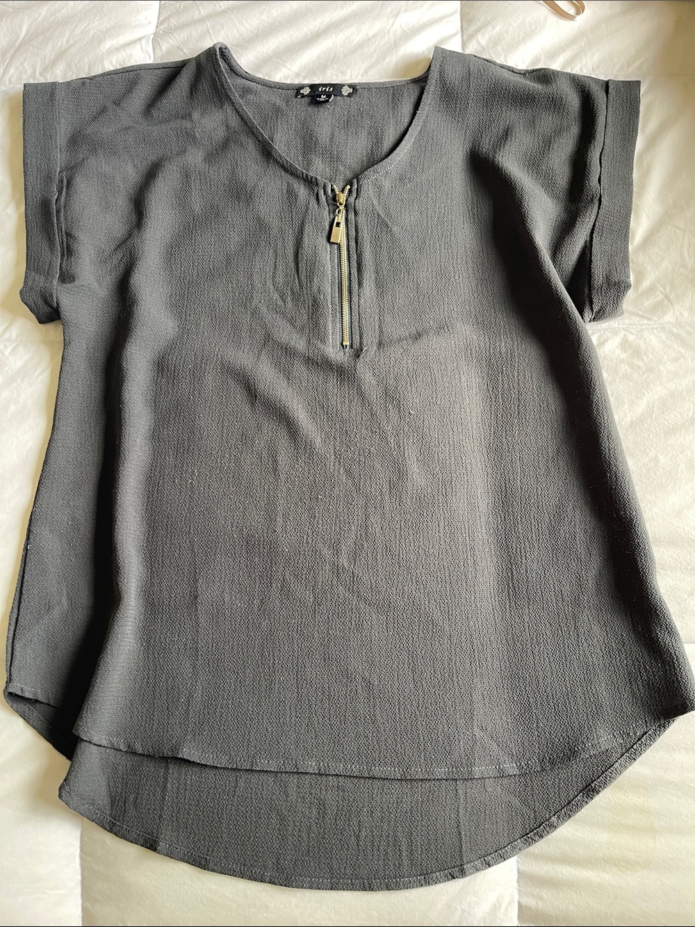 Slate Gray Zip-Neck Short Sleeve Women's Top